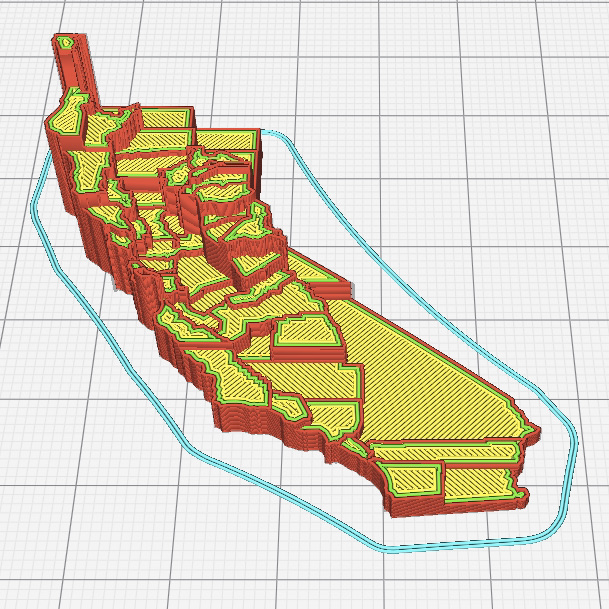 A colorful 3D model of California with counties at various heights.